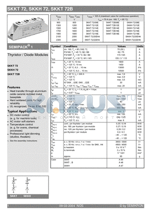 SKKT72B16E datasheet - Thyristor / Diode Modules