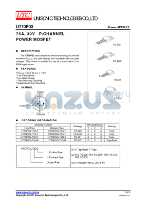 UT70P03L-TN3-R datasheet - 75A, 30V P-CHANNEL POWER MOSFET