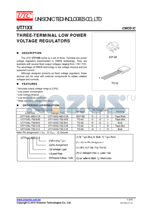 UT71XX datasheet - THREE-TERMINAL LOW POWER VOLTAGE REGULATORS