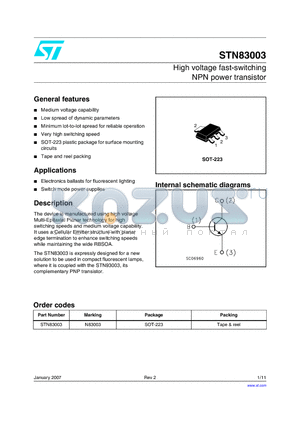 STN83003 datasheet - High voltage fast-switching NPN power transistor