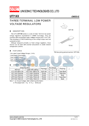 UT71XX-T92-B-K datasheet - THREE-TERMINAL LOW POWER VOLTAGE REGULATORS