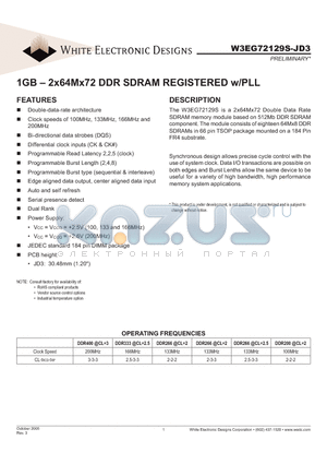 W3EG72129S265JD3 datasheet - 1GB - 2x64Mx72 DDR SDRAM REGISTERED w/PLL