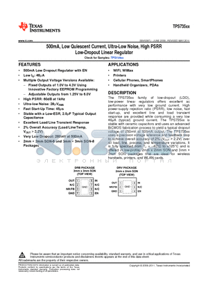 TPS73518DRBR datasheet - 500mA, Low Quiescent Current, Ultra-Low Noise, High PSRR Low-Dropout Linear Regulator