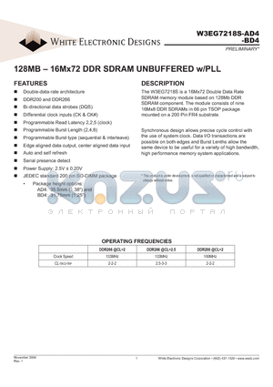 W3EG7218S262AD4 datasheet - 128MB - 16Mx72 DDR SDRAM UNBUFFERED w/PLL