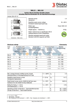 SKL110 datasheet - Surface Mount Schottky Rectifier Diodes