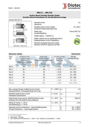 SKL12 datasheet - Surface Mount Schottky Rectifier Diodes