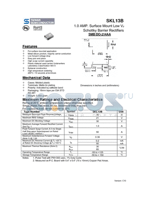 SKL13B datasheet - 1.0 AMP. Surface Mount Low VF Schottky Barrier Rectifiers