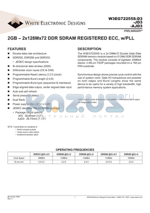 W3EG72255S-AJD3 datasheet - 2GB - 2x128Mx72 DDR SDRAM REGISTERED ECC, w/PLL
