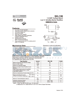 SKL13B datasheet - 1.0 AMP. Surface Mount Low VF Schottky Barrier Rectifiers