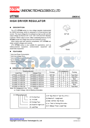 UT7500G-XX-T92-B-K datasheet - HIGH DRIVER REGULATOR