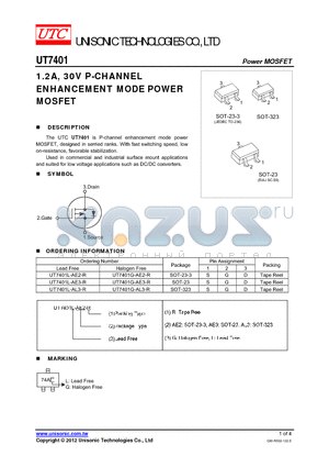 UT7401L-AE2-R datasheet - 1.2A, 30V P-CHANNEL ENHANCEMENT MODE POWER MOSFET