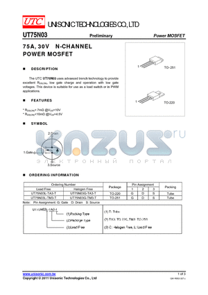 UT75N03L-TM3-T datasheet - 75A, 30V N-CHANNEL POWER MOSFET