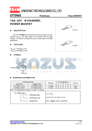 UT75N03G-TA3-T datasheet - 75A, 30V N-CHANNEL POWER MOSFET