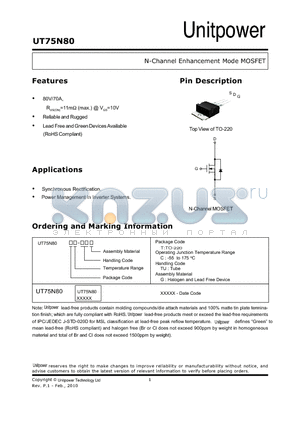 UT75N80 datasheet - N-Channel Enhancement Mode MOSFET