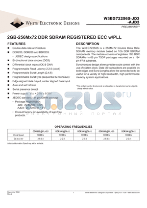 W3EG72256MS100AJD3SG datasheet - 2GB-256Mx72 DDR SDRAM REGISTERED ECC w/PLL