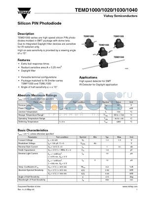TEMD1020 datasheet - Silicon PIN Photodiode