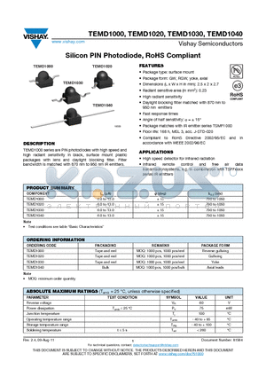 TEMD1020 datasheet - Silicon PIN Photodiode, RoHS Compliant