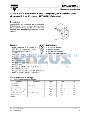 TEMD5010X01 datasheet - Silicon PIN Photodiode, RoHS Compliant, Released for Lead (Pb)-free Solder Process, AEC-Q101 Released