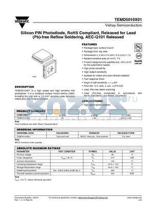 TEMD5010X01 datasheet - Silicon PIN Photodiode, RoHS Compliant, Released for Lead (Pb)-free Reflow Soldering, AEC-Q101 Released