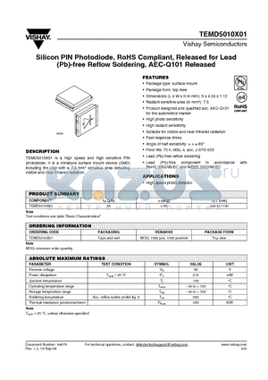 TEMD5010X01_08 datasheet - Silicon PIN Photodiode, RoHS Compliant, Released for Lead (Pb)-free Reflow Soldering, AEC-Q101 Released