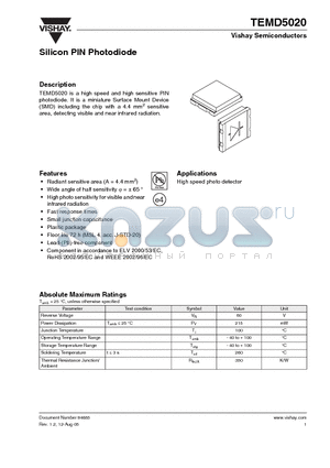 TEMD5020 datasheet - Silicon PIN Photodiode