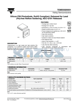TEMD5020X01 datasheet - Silicon PIN Photodiode, RoHS Compliant, Released for Lead (Pb)-free Reflow Soldering, AEC-Q101 Released