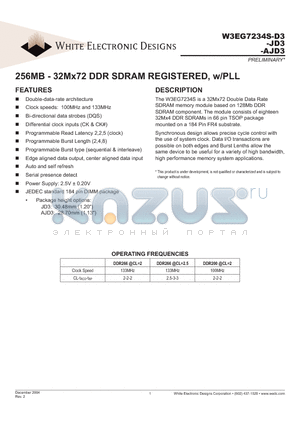 W3EG7234S-JD3 datasheet - 256MB - 32Mx72 DDR SDRAM REGISTERED, w/PLL