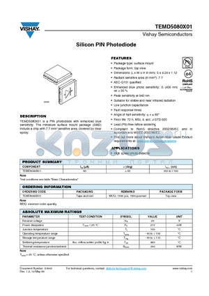 TEMD5080X01 datasheet - Silicon PIN Photodiode