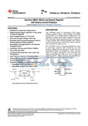 TPS73601-Q1 datasheet - Cap-Free, NMOS, 400mA Low-Dropout Regulator with Reverse Current Protection