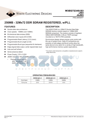 W3EG7234S-D3 datasheet - 256MB - 32Mx72 DDR SDRAM REGISTERED, w/PLL