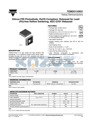 TEMD5110X01_08 datasheet - Silicon PIN Photodiode, RoHS Compliant, Released for Lead (Pb)-free Reflow Soldering, AEC-Q101 Released