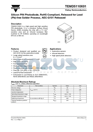 TEMD5110 datasheet - Silicon PIN Photodiode, RoHS Compliant, Released for Lead (Pb)-free Solder Process, AEC-Q101 Released