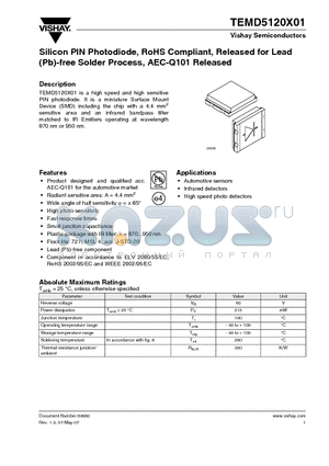 TEMD5120X01 datasheet - Silicon PIN Photodiode, RoHS Compliant, Released for Lead (Pb)-free Solder Process, AEC-Q101 Released