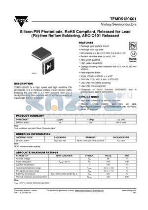 TEMD5120X01 datasheet - Silicon PIN Photodiode, RoHS Compliant, Released for Lead (Pb)-free Reflow Soldering, AEC-Q101 Released