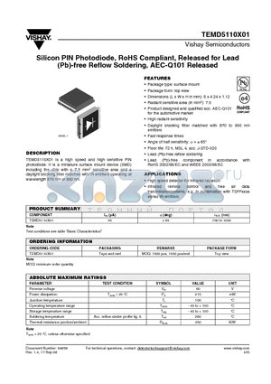 TEMD5110X01 datasheet - Silicon PIN Photodiode, RoHS Compliant, Released for Lead (Pb)-free Reflow Soldering, AEC-Q101 Released