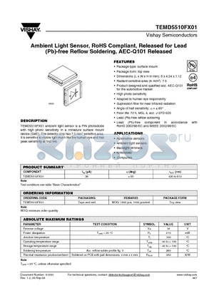 TEMD5510FX01 datasheet - Ambient Light Sensor, RoHS Compliant, Released for Lead (Pb)-free Reflow Soldering, AEC-Q101 Released