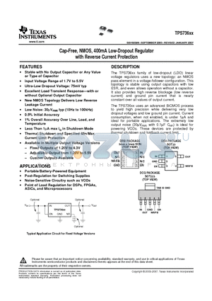 TPS73601DBVR datasheet - Cap-Free, NMOS, 400mA Low-Dropout Regulator with Reverse Current Protection