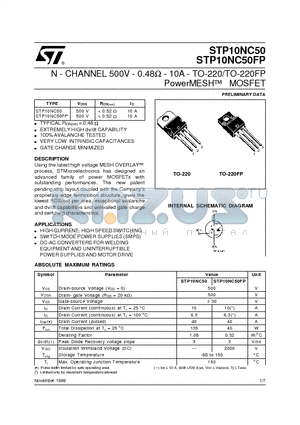 STP10NC50FP datasheet - N - CHANNEL 500V - 0.48ohm - 10A - TO-220/TO-220FP PowerMESH  MOSFET