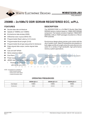 W3EG7235S265JD3 datasheet - 256MB - 2x16Mx72 DDR SDRAM REGISTERED ECC, w/PLL