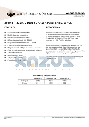 W3EG7236S262D3 datasheet - 256MB - 32Mx72 DDR SDRAM REGISTERED, w/PLL