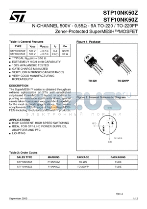 STP10NK50Z datasheet - N-CHANNEL 500V - 0.55 - 9A TO-220 / TO-220FP Zener-Protected SuperMESH MOSFET