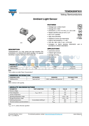 TEMD6200FX01 datasheet - Ambient Light Sensor