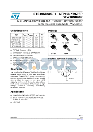 STP10NK60Z datasheet - N-channel 600V - 0.65OHM - 10A - I2/D2PAK - TO-220/FP - TO-247 Zener-protected SuperMESH TM  Power MOSFET