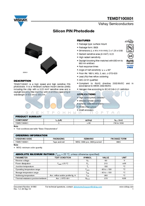 TEMD7100X01 datasheet - Silicon PIN Photodiode