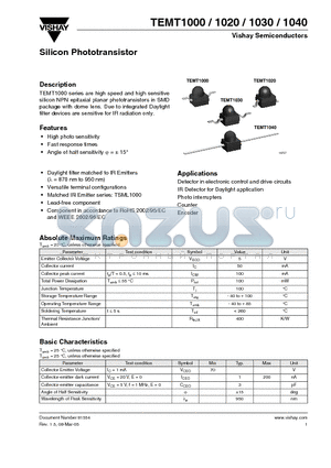 TEMT1020 datasheet - Silicon Phototransistor