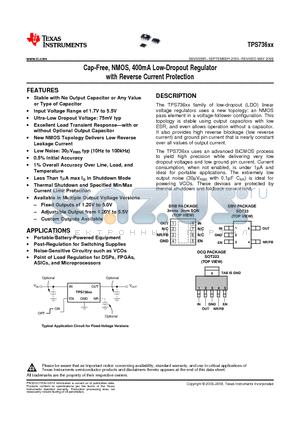 TPS73601DBVT datasheet - Cap-Free, NMOS, 400mA Low-Dropout Regulator with Reverse Current Protection