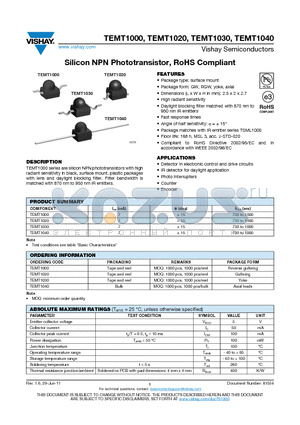 TEMT1020 datasheet - Silicon NPN Phototransistor, RoHS Compliant