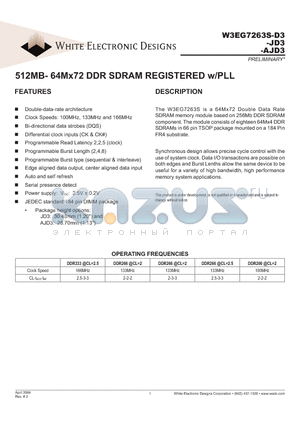 W3EG7263S-AJD3 datasheet - 512MB- 64Mx72 DDR SDRAM REGISTERED w/PLL