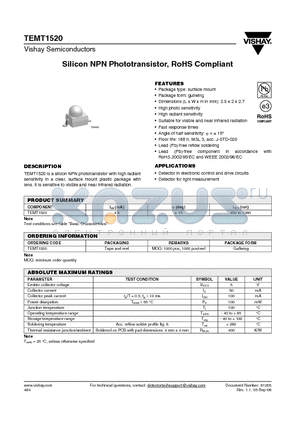 TEMT1520 datasheet - Silicon NPN Phototransistor, RoHS Compliant