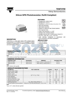 TEMT3700 datasheet - Silicon NPN Phototransistor, RoHS Compliant